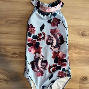 high neck blue floral leo